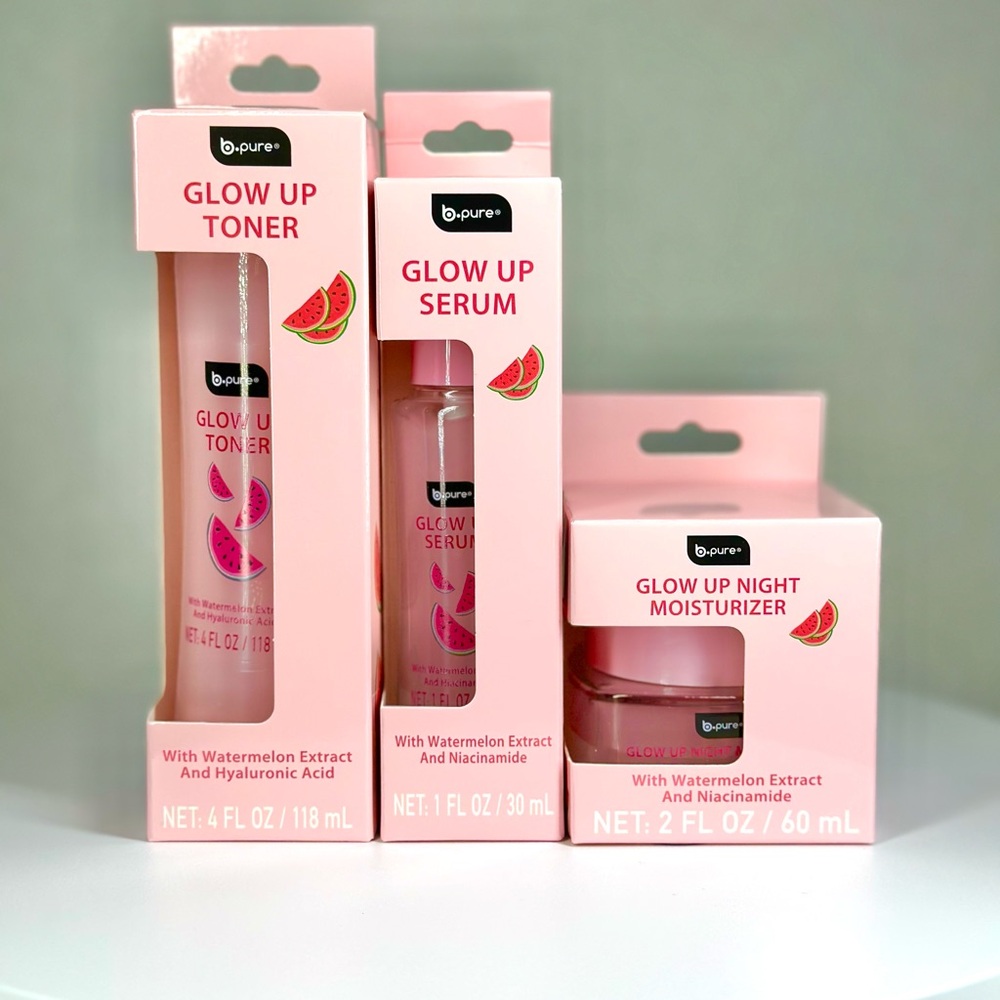 New! B Pure Glow Up Watermelon Collection! Toner, Serum and Night Moisturizer!